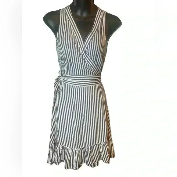 J. Crew white/blue Striped beach wrap dress silky-soft fabric ruffled hem XXS - Picture 6 of 9
